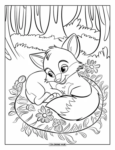 Fuchsbabys-Ausmalbild für Kinder: Ein Fuchsbaby schläft auf Waldblüten, während Blätter sanft um ihn herumwirbeln