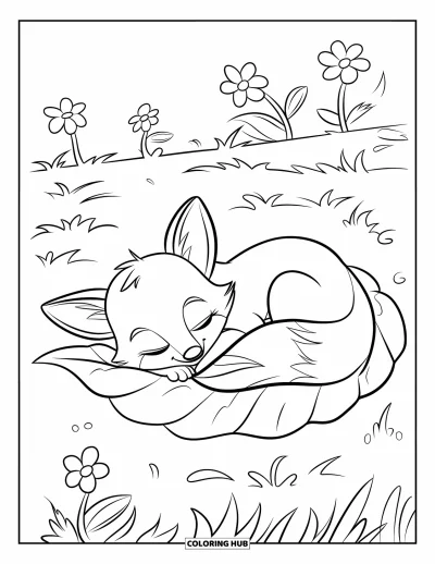 Fuchsbabys-Ausmalbild für Kinder: Ein Fuchsbaby schläft friedlich auf einem großen Blatt, umgeben von winzigen Blüten