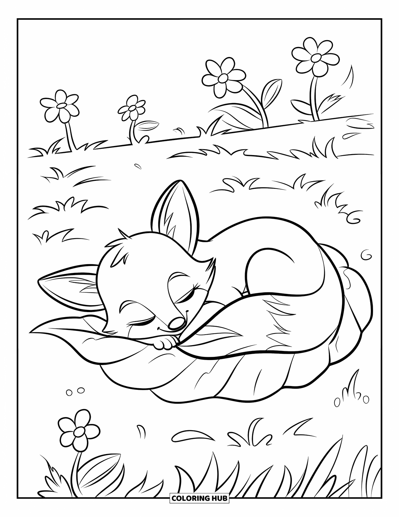 Baby Fox Coloring Page for Kids: A baby fox sleeps peacefully on a big leaf surrounded by tiny flowers