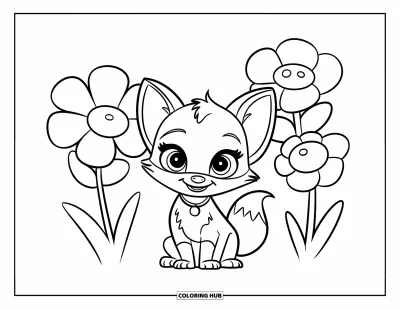 Fuchsbabys-Ausmalbild für Kinder: Ein Fuchsbaby mit Halsband sitzt zwischen drei großen Blüten mit lustigen Formen
