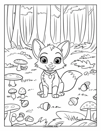 Fuchsbabys-Ausmalbild für Kinder: Ein Fuchsbaby mit großen Augen sitzt zwischen Blättern, Pilzen und Eicheln im Wald