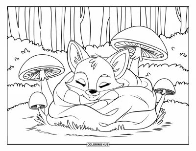 Fuchsbabys-Ausmalbild für Kinder: Ein in eine Decke gehülltes Fuchsbaby ruht auf Moos, in der Nähe leuchten Pilze