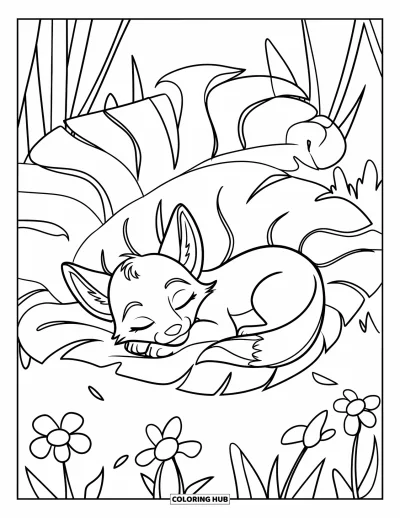 Fuchsbabys-Ausmalbild für Kinder: Ein gemütliches Fuchsbaby schlummert auf einem Blatt mit einem fröhlichen kleinen Blumendetail