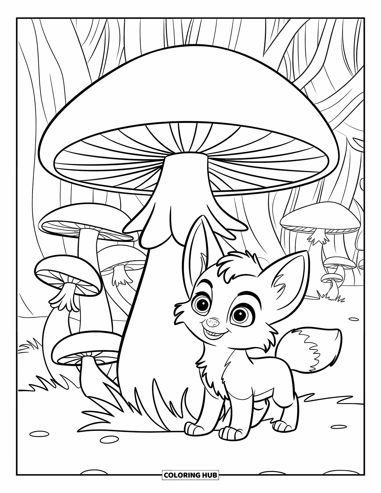 Baby Fox Coloring Page for Kids: A curious baby fox with big eyes stands beside a tall red-capped mushroom