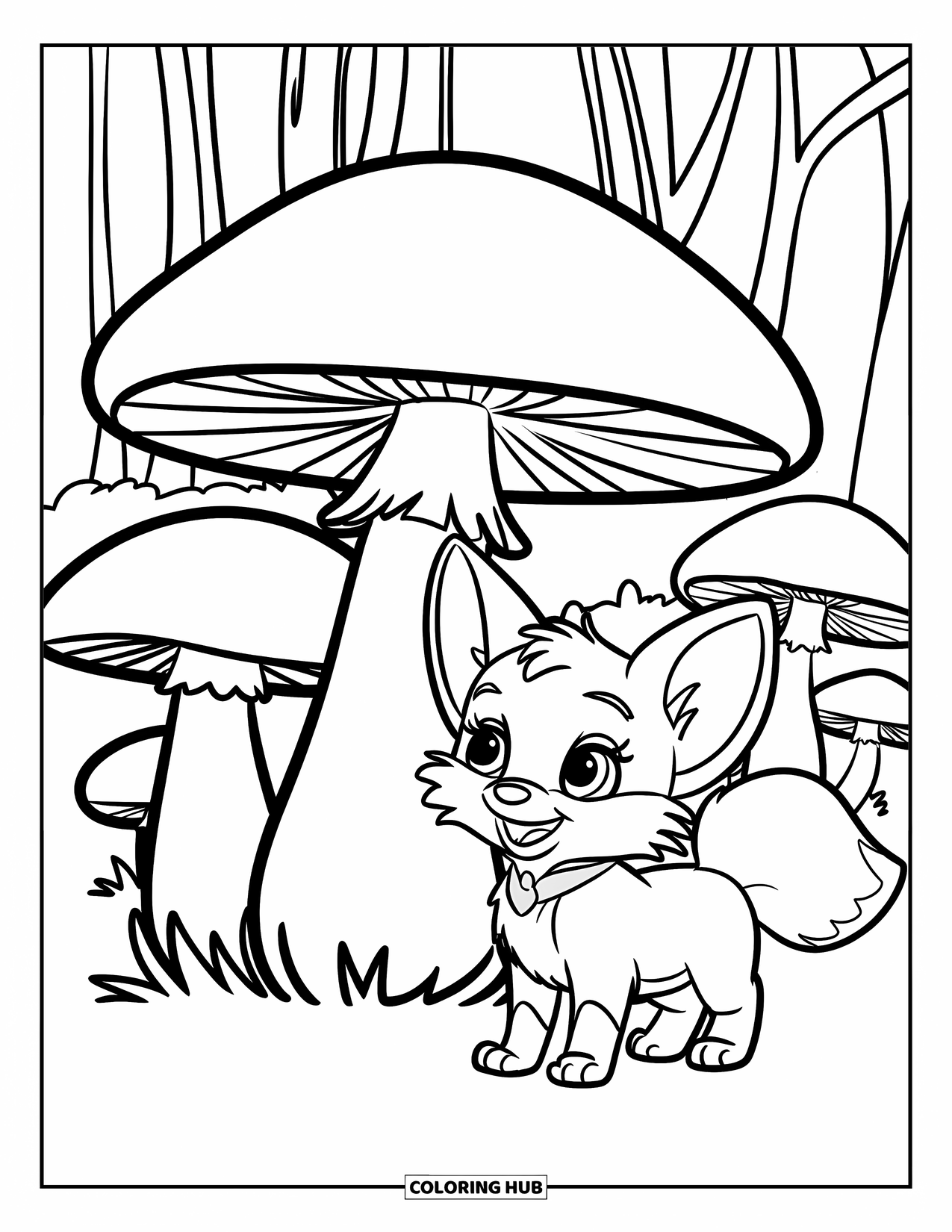 Baby Fox Coloring Page for Kids: A floppy-eared fox stands next to a big red mushroom in a playful forest scene