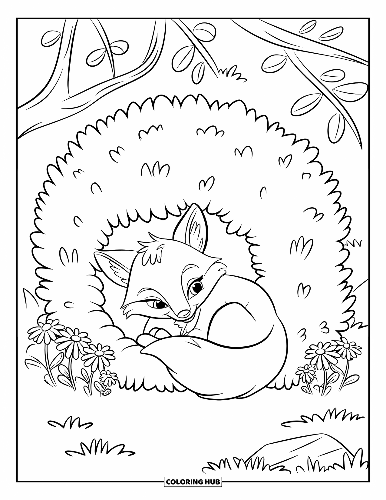 Baby Fox Coloring Page for Kids: A fluffy baby fox curls up near daisies under a leafy bush