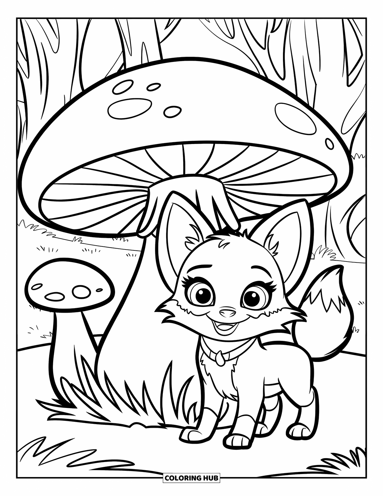 Baby Fox Coloring Page for Kids: A fluffy fox stands next to a large mushroom in a quiet forest