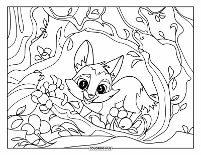 Fuchsbabys-Ausmalbild für Kinder: Ein stilles kleines Füchslein versteckt sich in verschlungenen Ästen und Blüten tief im Wald