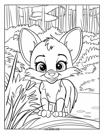 Fuchsbabys-Ausmalbild für Kinder: Ein großäugiges Fuchsbaby lugt durch hohes Gras in einem dichten Wald