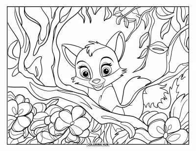 Fuchsbabys-Ausmalbild für Kinder: Ein großäugiges Fuchsbaby ruht inmitten verschlungener Äste und großer Waldblüten