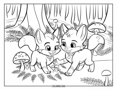 Fuchsbabys-Ausmalbild für Kinder: Flauschige Füchse mit Halsbändern spielen bei Pilzen und Farnen in einem Wald