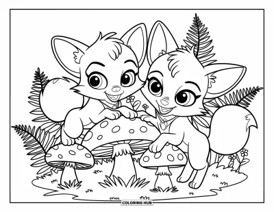 Fuchsbabys-Ausmalbild für Kinder: Ein Fuchsbaby sitzt auf einem Pilz, während der andere bei Waldfarnen spielt