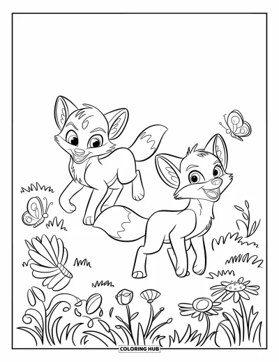 Fuchsbabys-Ausmalbild für Kinder: Zwei Fuchsbabys jagen Schmetterlinge auf einer Wiese voller Wildblumen