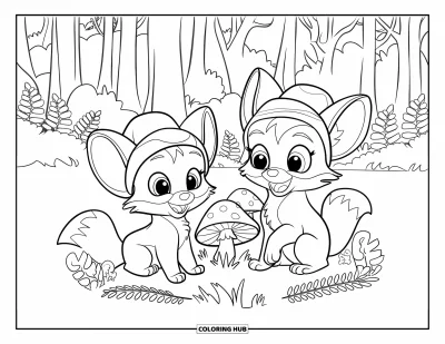Fuchsbabys-Ausmalbild für Kinder: Zwei Fuchsbabys mit Hüten spielen bei Pilzen in einem dichten Wald