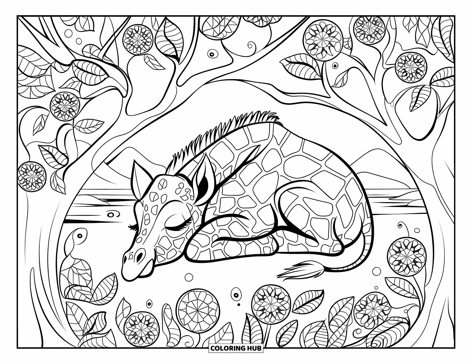 Baby Giraffe Coloring Page for Adults: A baby giraffe naps under a flowering tree, surrounded by calm mountain and water scenery