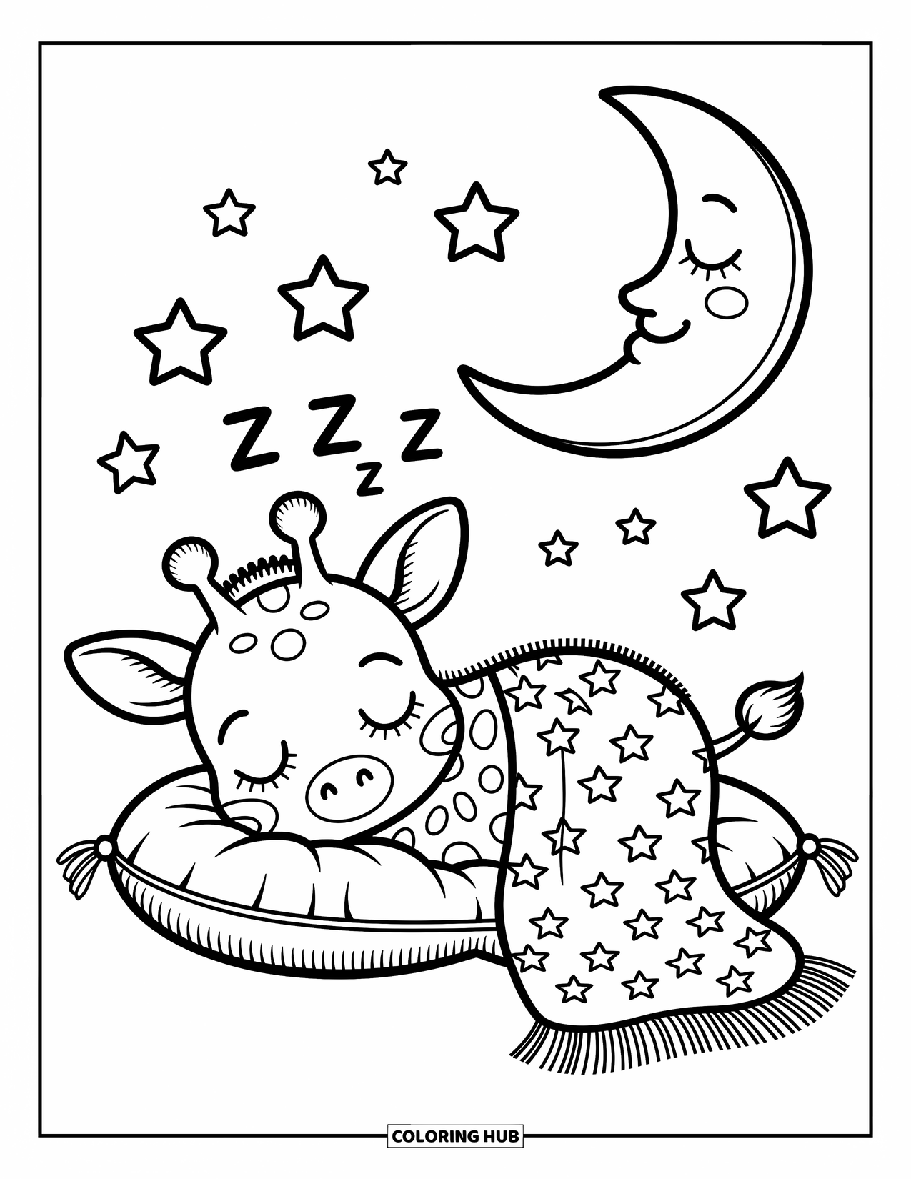 Baby Giraffe Coloring Page for Adults: A baby giraffe naps under a star blanket with a crescent moon and smiling stars above