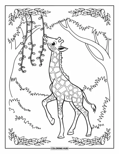 Målarbild med giraffungar för vuxna: En giraffungar sträcker sig efter en ranka i en skog fylld med lövmönster