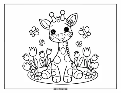 Målarbild med giraffungar för vuxna: En giraffungar sitter i en blomstercirkel med fjärilar och bin som fladder runtomkring