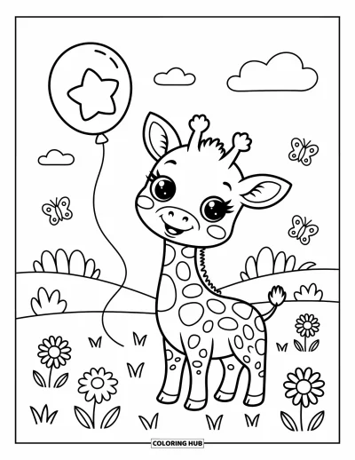 Målarbild med giraffungar för vuxna: En glad giraff står bland blommor och håller en stjärnballong medan fjärilar dansar runtom