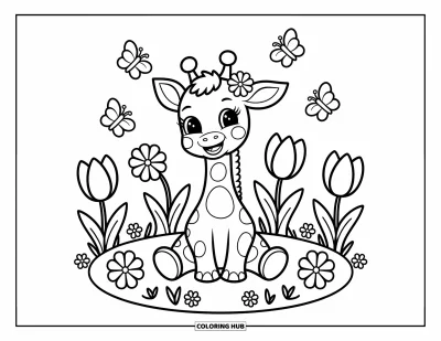Målarbild med giraffungar för vuxna: En nyfiken giraff sitter på ett mysigt blomsterfält med lekfulla bin och fjärilar runtom