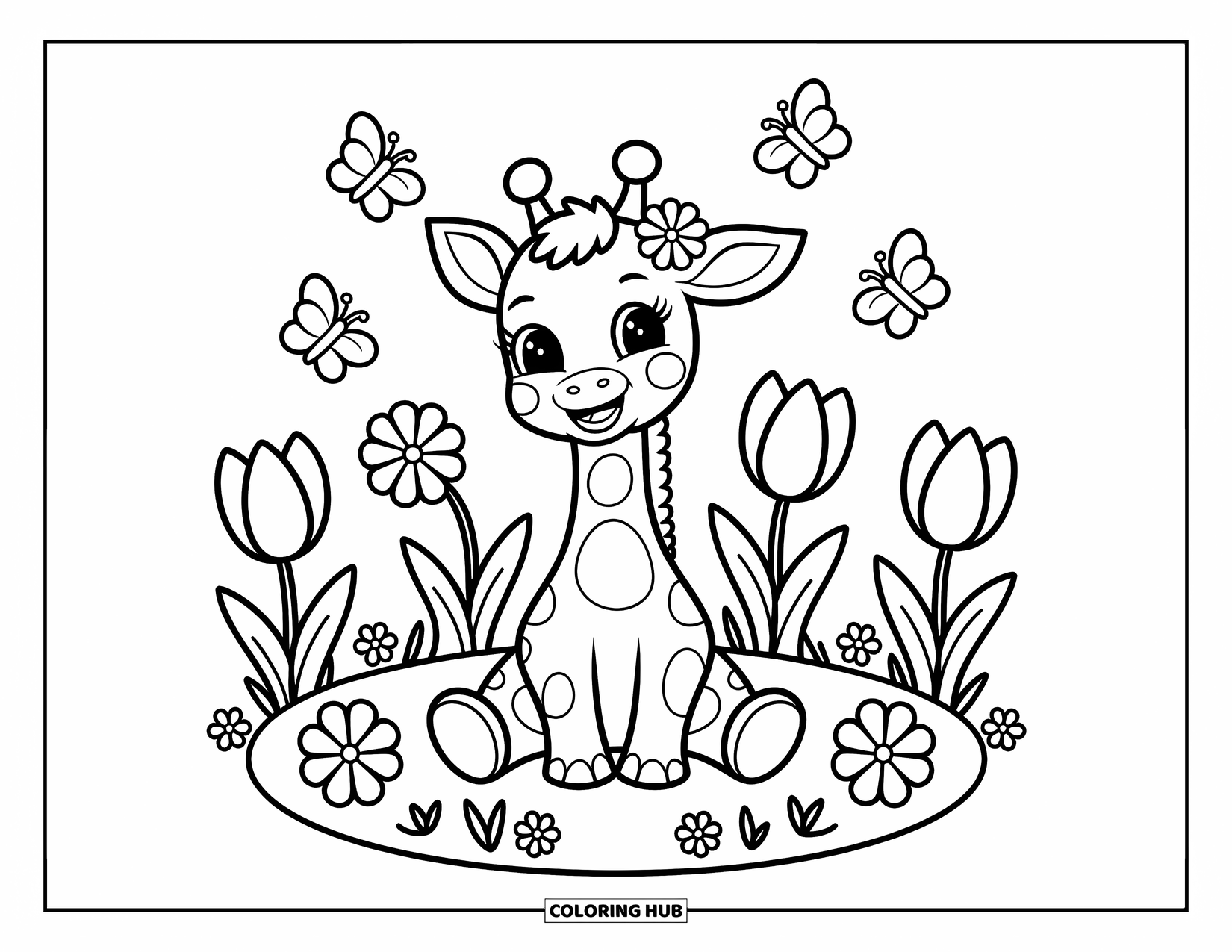 Baby Giraffe Coloring Page for Adults: A curious giraffe sits in a cozy flower patch with playful bees and butterflies around it