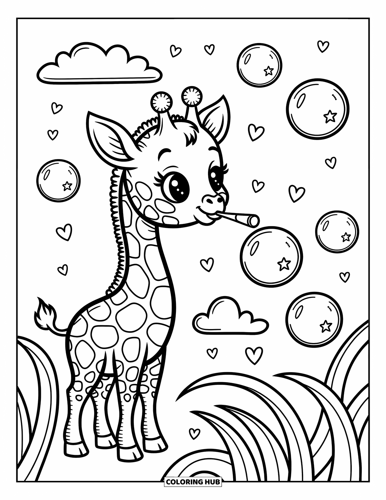 Baby Giraffe Coloring Page for Adults: A giraffe happily blows bubbles filled with stars and hearts in a cozy outdoor scene