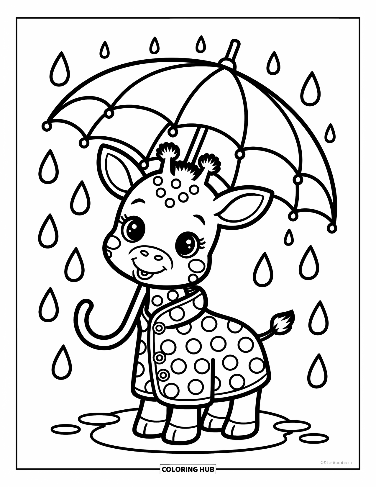 Baby Giraffe Coloring Page for Adults: A giraffe in a polka-dot raincoat stands under an umbrella as gentle rain forms puddles