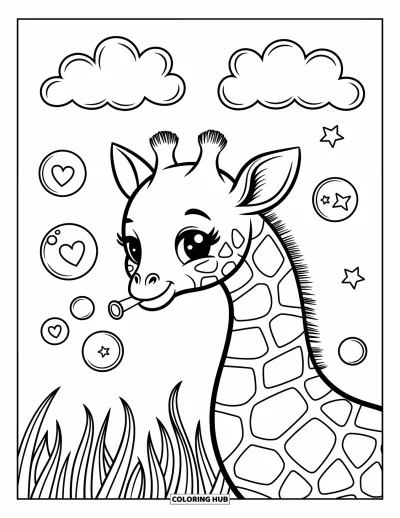 Målarbild med giraffungar för vuxna: En giraff lutar sig framåt och blåser magiska bubblor omgiven av moln och böjda grässtrån
