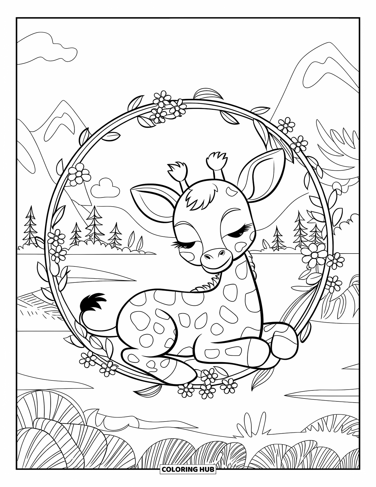 Baby Giraffe Coloring Page for Adults: A giraffe lies inside a circle of vines and blooming flowers with a scenic background