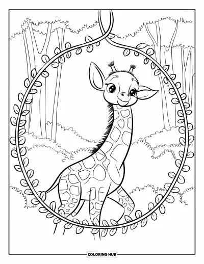 Målarbild med giraffungar för vuxna: En giraff sträcker sig efter en ranka omgiven av lövramar och skogsmönster