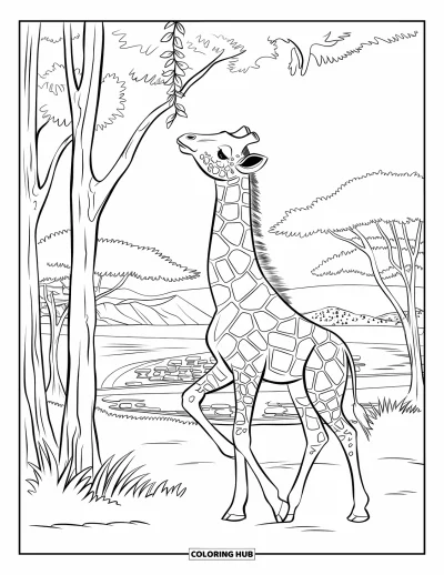 Målarbild med giraffungar för vuxna: En giraff sträcker sig upp på en naturskönt savann med träd, vatten och avlägsna berg