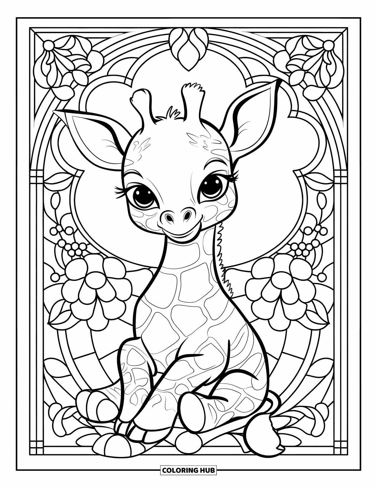 Baby Giraffe Coloring Page for Adults: A giraffe sits calmly surrounded by stained-glass panels with swirling floral designs