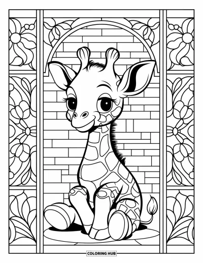 Målarbild med giraffungar för vuxna: En giraff sitter framför glasmålningspaneler fyllda med blomster- och lövmönster