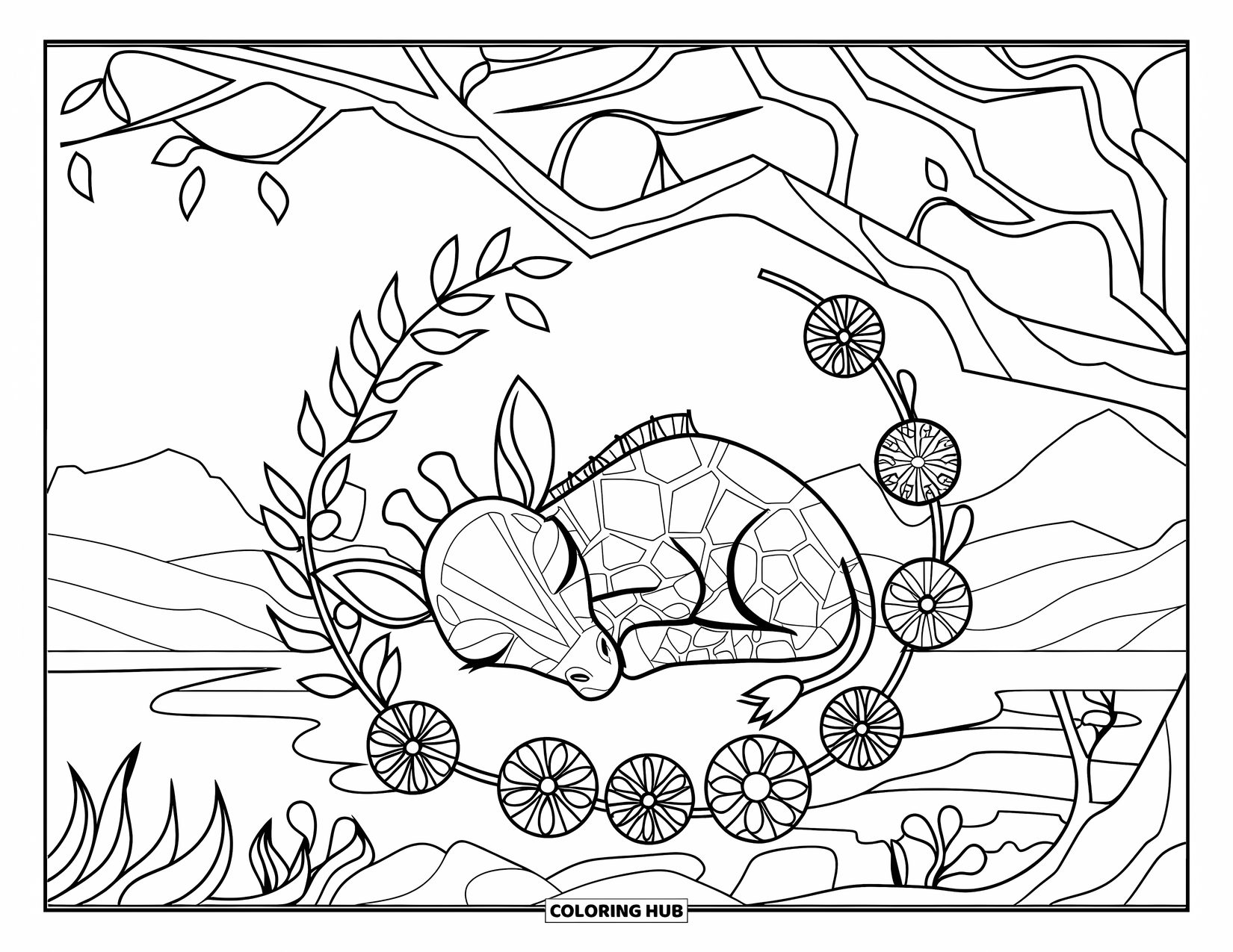 Baby Giraffe Coloring Page for Adults: A giraffe sleeps under tree branches with mosaic florals and a peaceful mountain landscape