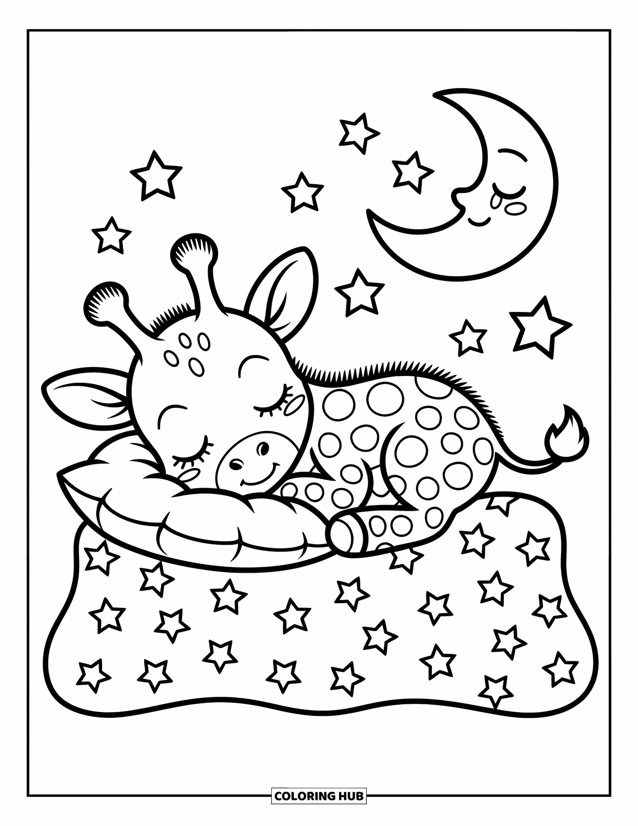 Baby Giraffe Coloring Page for Adults: A giraffe snoozes under a starry blanket, with happy stars and a moon glowing above