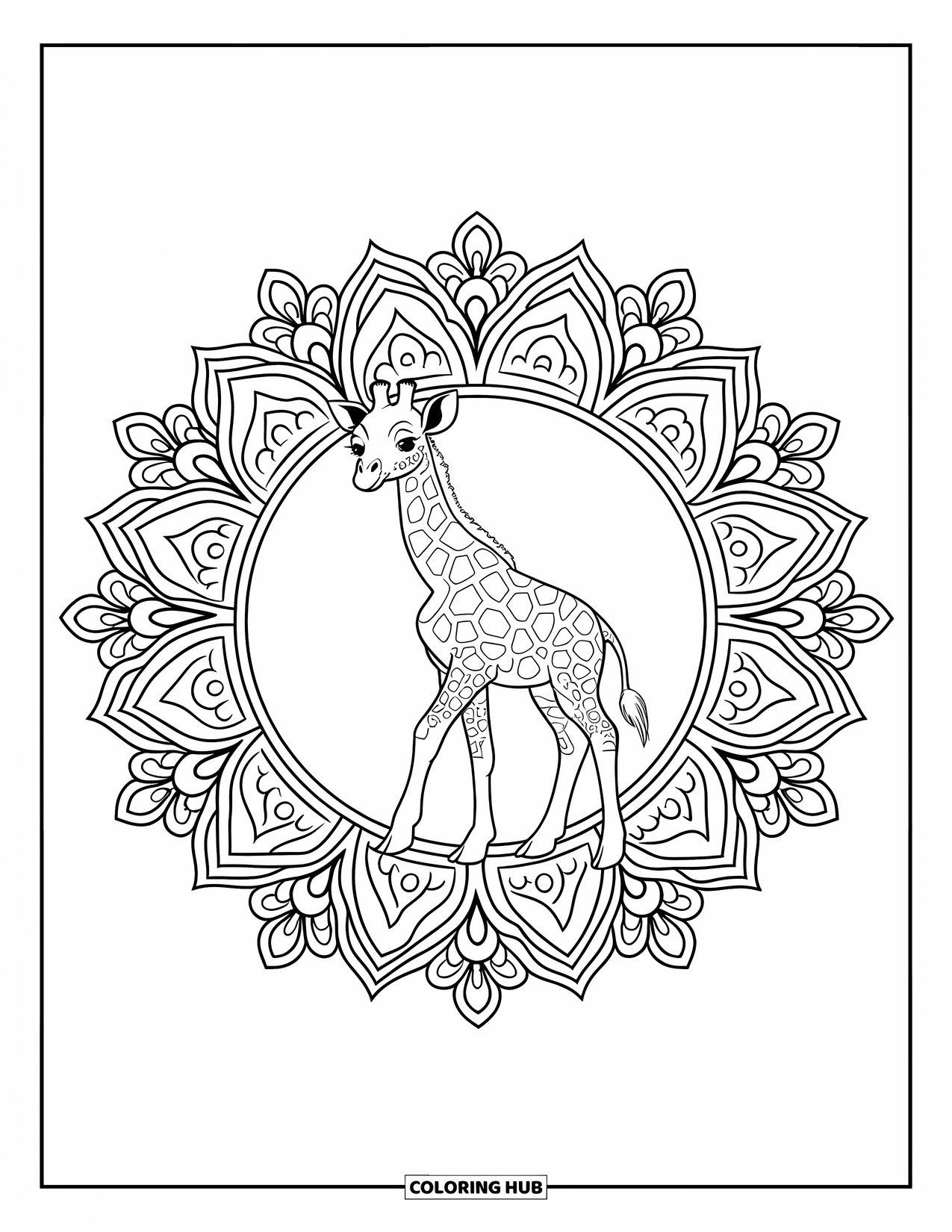 Baby Giraffe Coloring Page for Adults: A giraffe stands in the center of a large floral mandala filled with patterns