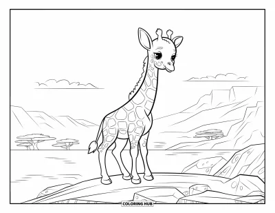 Målarbild med giraffungar för vuxna: En giraff står på stenar med berg, träd och moln i bakgrunden