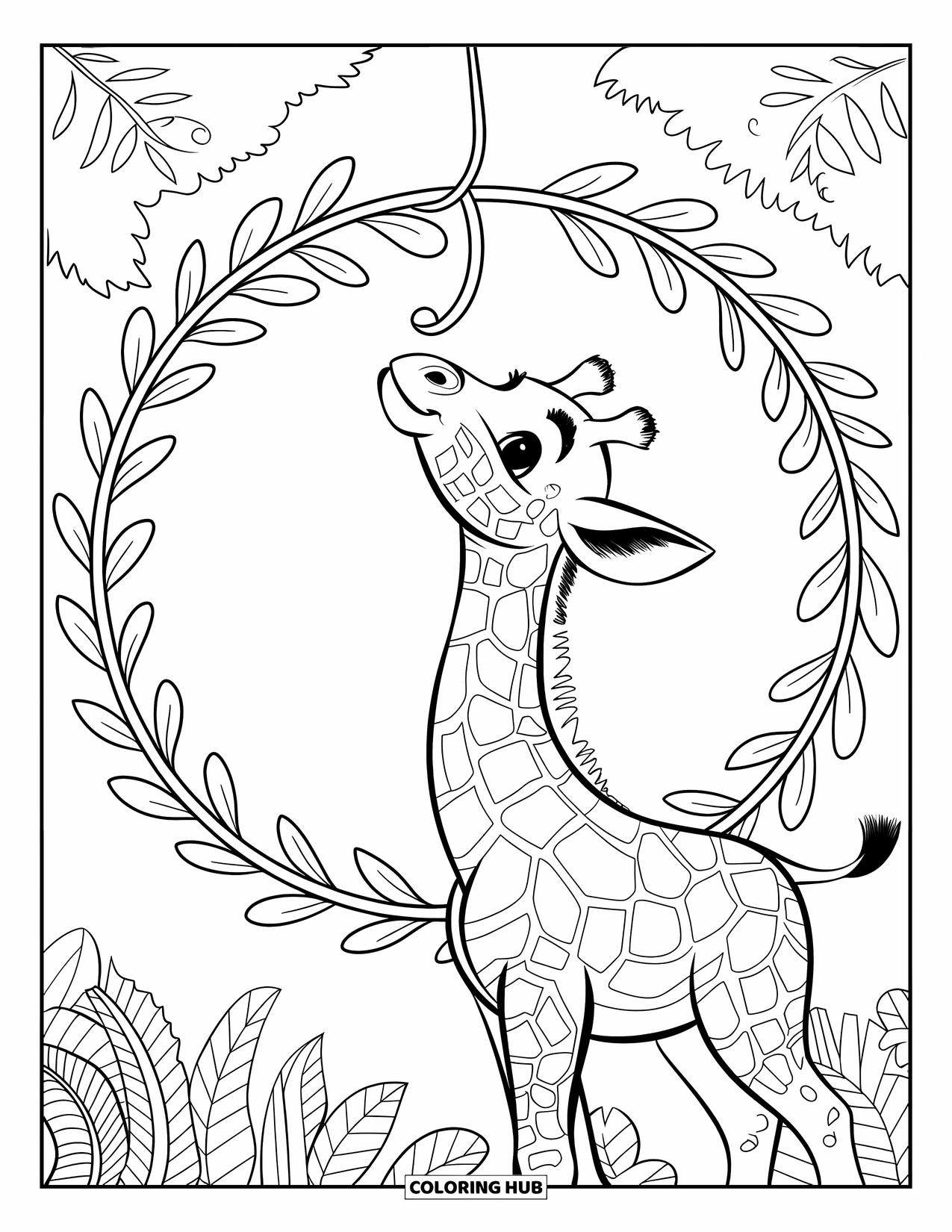 Baby Giraffe Coloring Page for Adults: A giraffe stretches toward a hanging vine in a forest full of leafy designs
