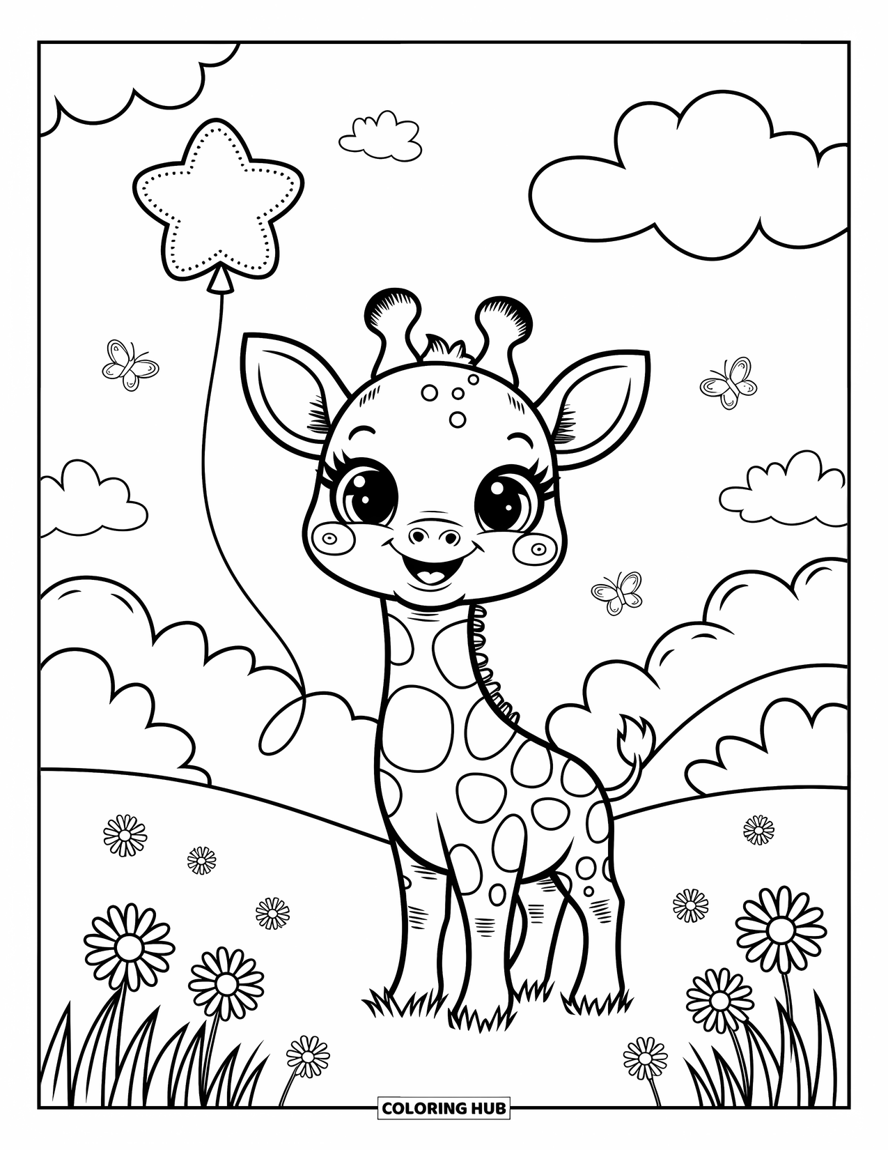 Baby Giraffe Coloring Page for Adults: A giraffe with big eyes holds a star balloon as butterflies float in a daisy field