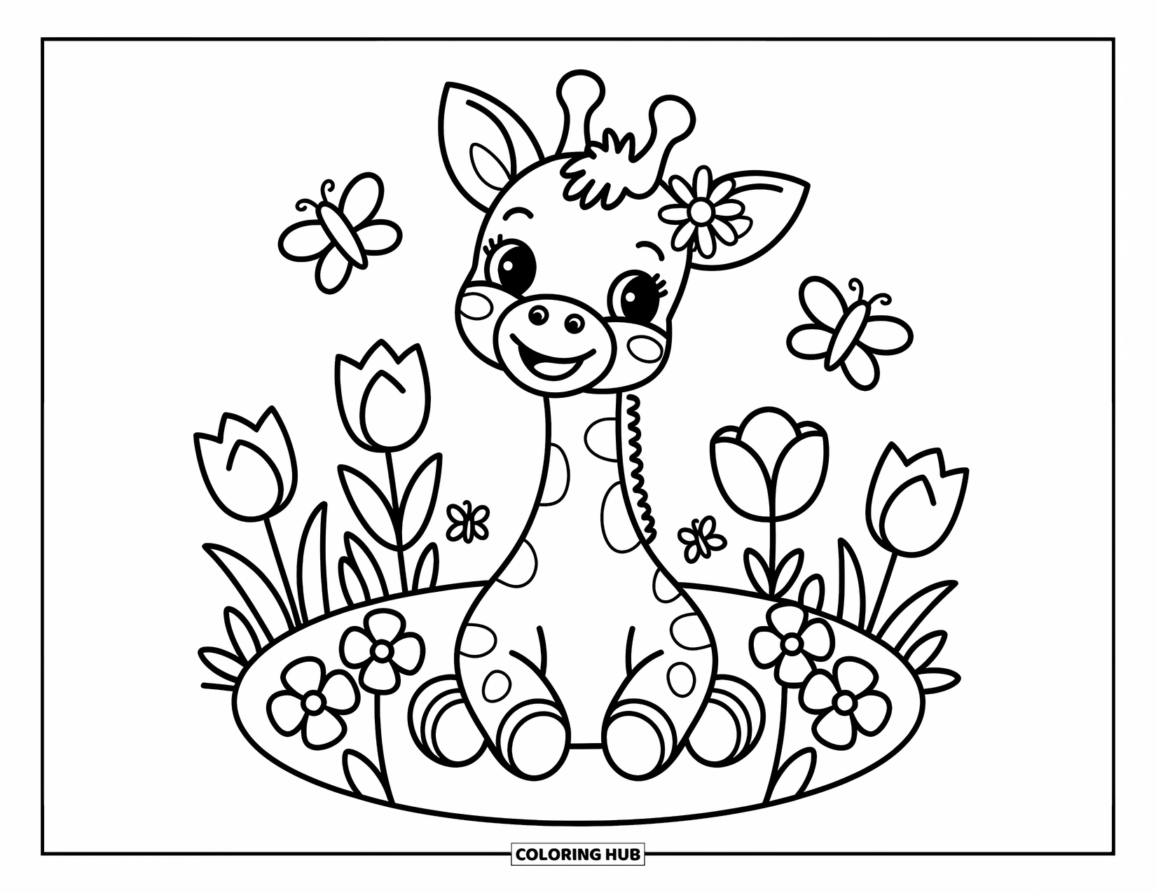 Baby Giraffe Coloring Page for Adults: A sweet giraffe sits in a flower ring, smiling as butterflies and bees float nearby