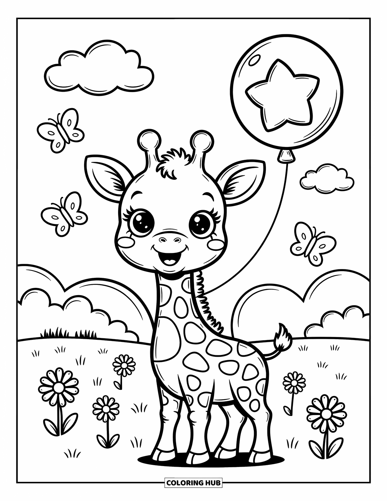 Baby Giraffe Coloring Page for Adults: A sweet giraffe smiles in a daisy field, holding a star balloon with butterflies nearby