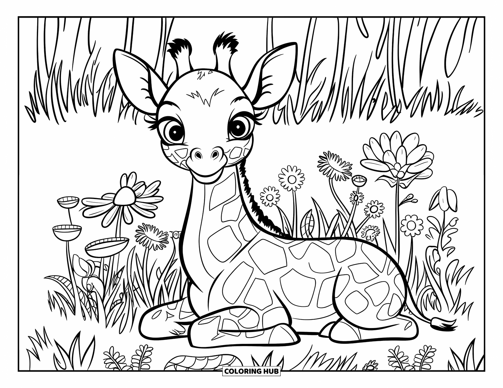 Baby Giraffe Coloring Page for Kids: A baby giraffe lounges in a flower field, eyes wide and surrounded by grass