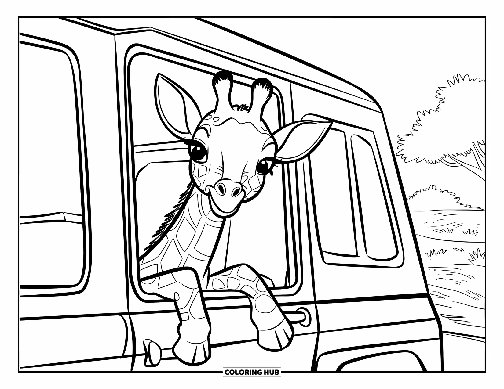 Baby Giraffe Coloring Page for Kids: A baby giraffe peeks out of a jeep window during a sunny safari ride
