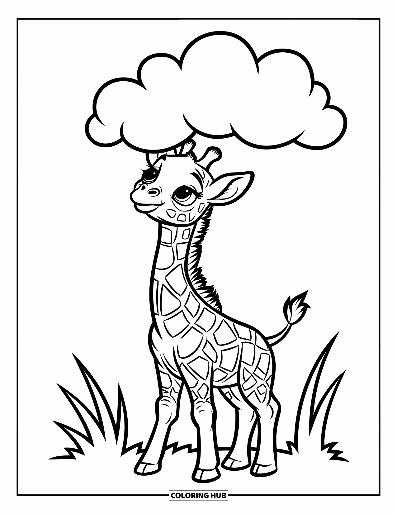 Baby Giraffe Coloring Page for Kids: A baby giraffe reaches its neck up toward a puffy white cloud