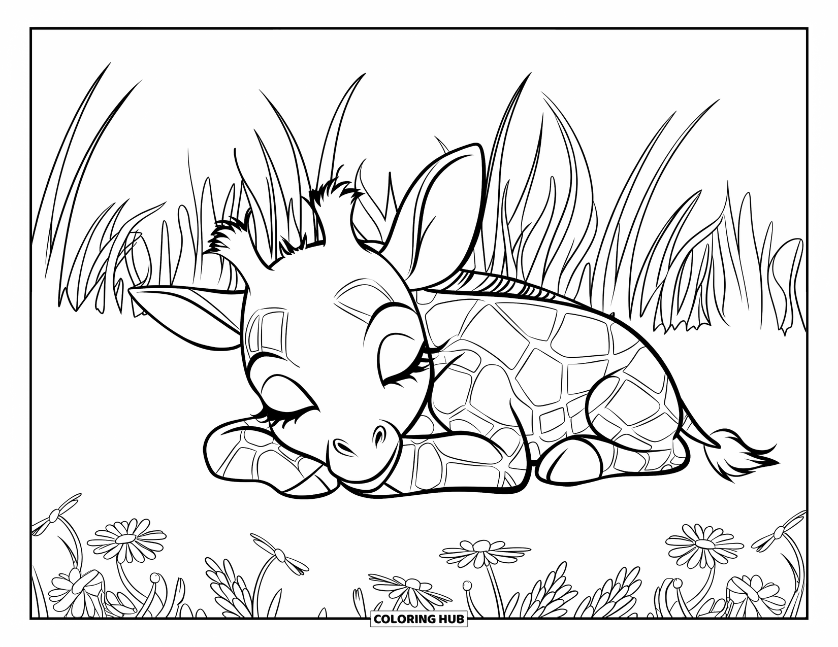 Baby Giraffe Coloring Page for Kids: A baby giraffe rests peacefully in a field of wildflowers and tall grass