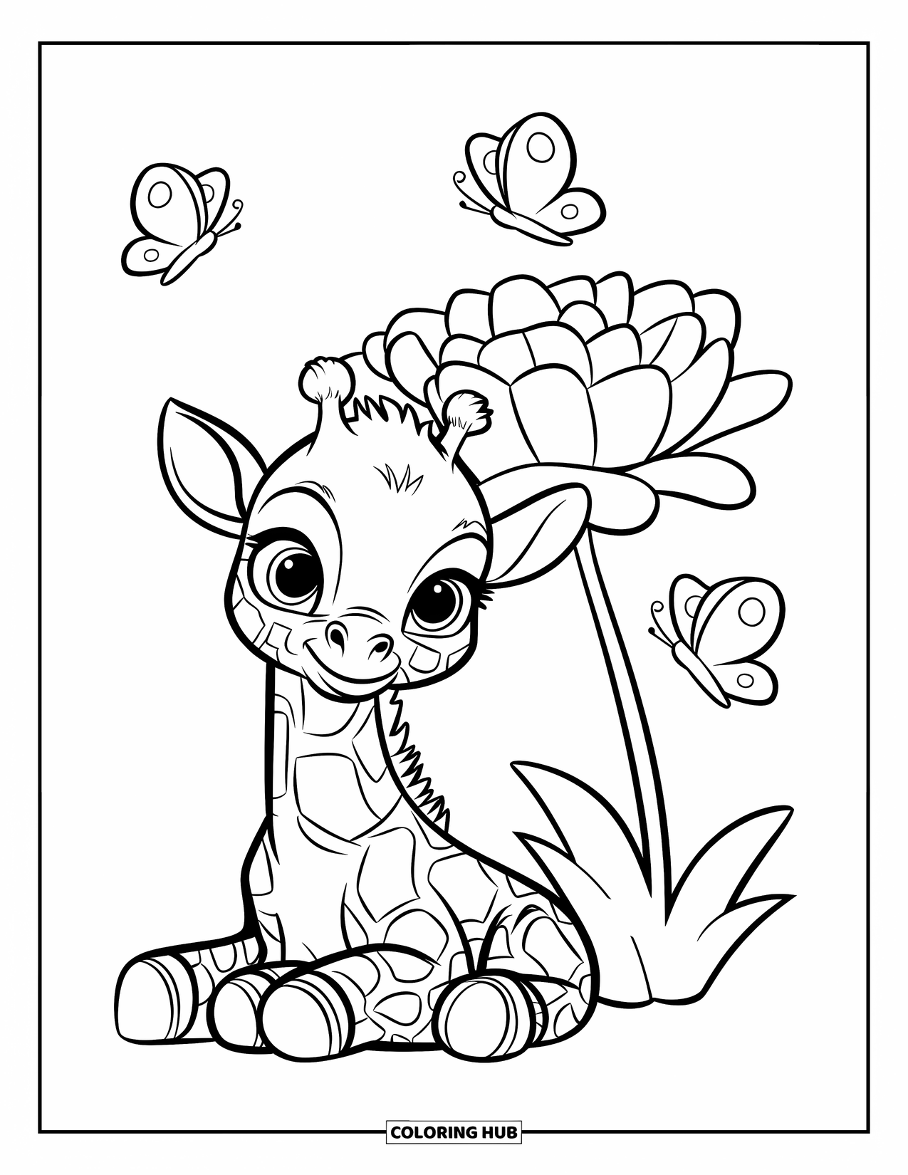 Baby Giraffe Coloring Page for Kids: A baby giraffe sits beside a big flower with butterflies flying around