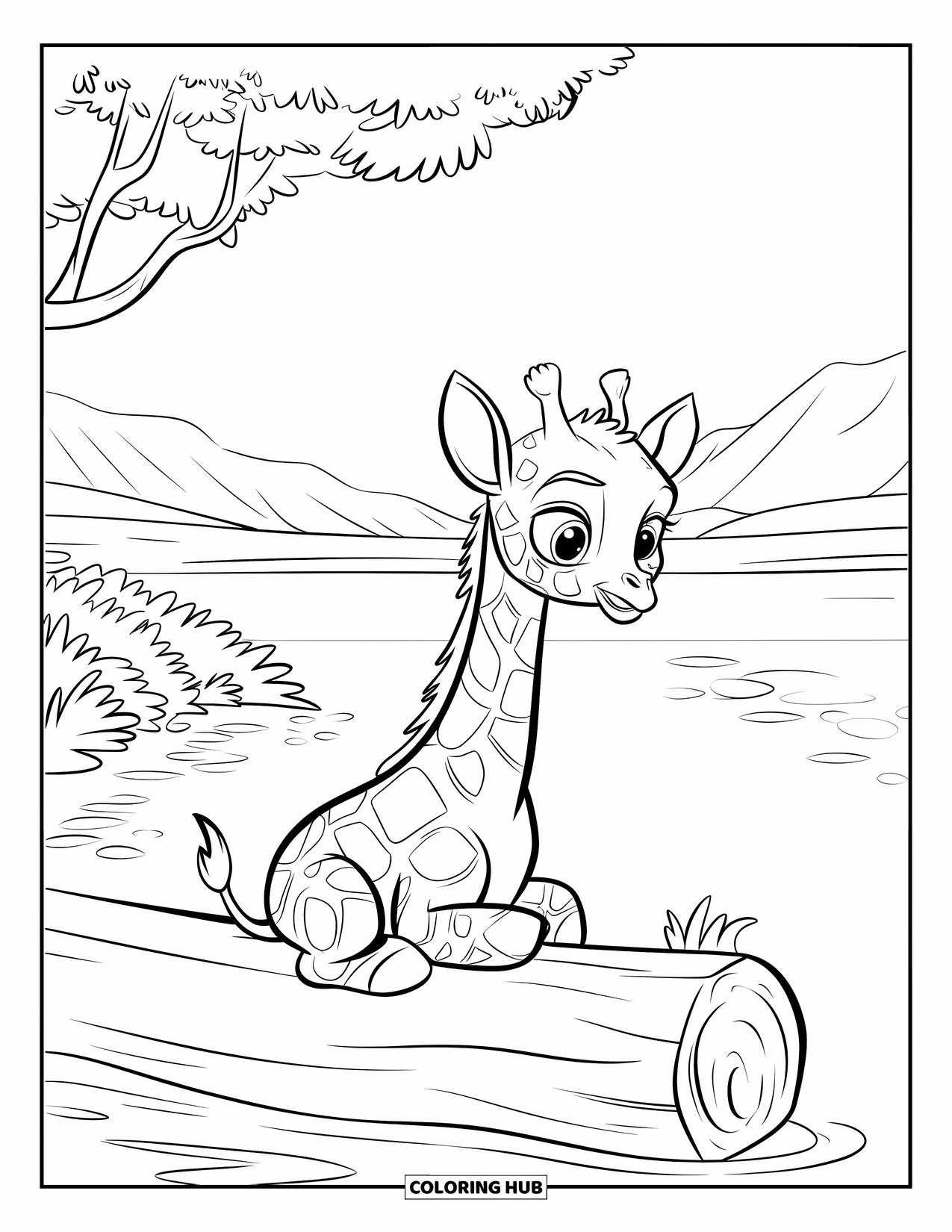 Baby Giraffe Coloring Page for Kids: A baby giraffe sits on a floating log surrounded by mountains and green riverbanks