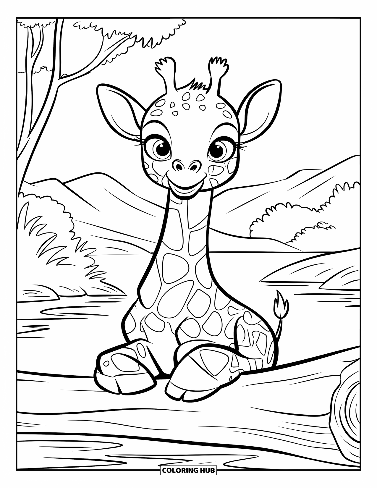 Baby Giraffe Coloring Page for Kids: A baby giraffe sits on a log near a calm riverbank with trees and mountains