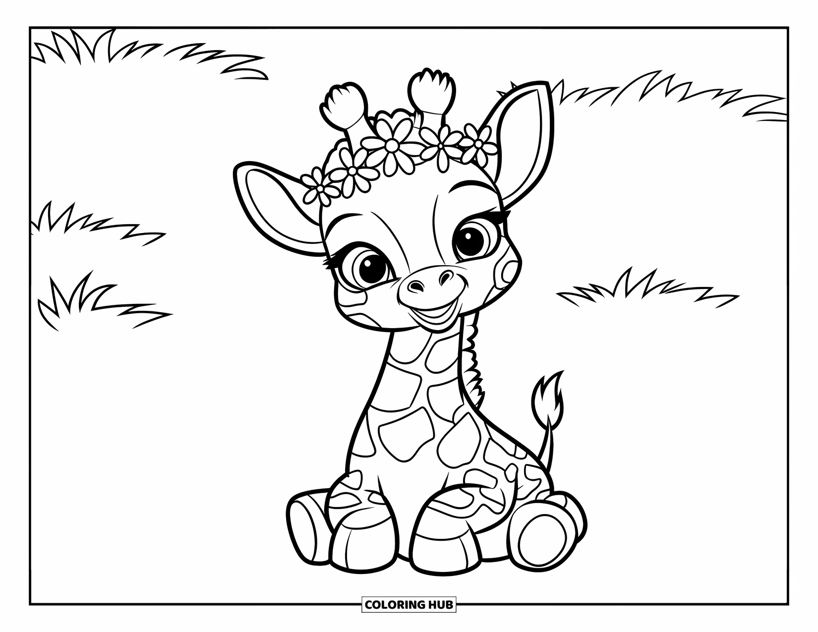 Baby Giraffe Coloring Page for Kids: A baby giraffe smiles sweetly while sitting in a sunny, open field