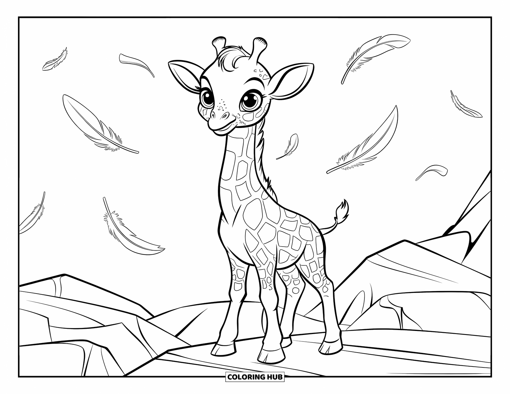 Baby Giraffe Coloring Page for Kids: A baby giraffe stands on rocky terrain surrounded by feathers and gentle swirls
